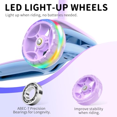 Purple Kids' 3 Wheel Folding Scooter with LED Light-Up Wheels, Adjustable Height