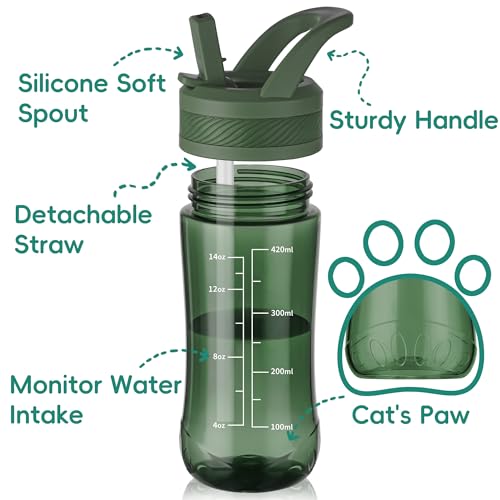Kids Water Bottle 14oz BPA-Free Tritan with Straw Lid & Handle - Army Green