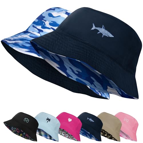 Kids Sun Hat Double-Side Sun Protection Bucket Hat for Boys and Girls - Navy Blue, 8-13 Years
