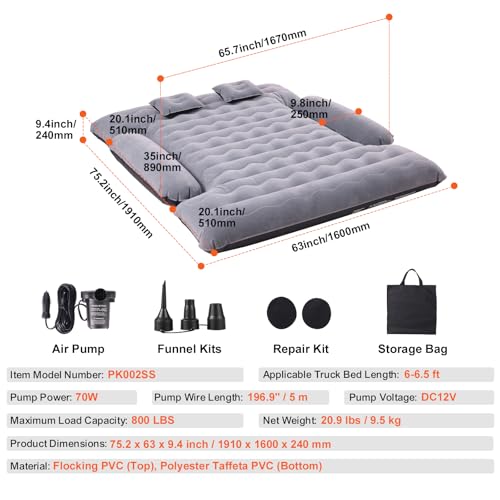 6-6.5 ft Full Size Truck Bed Air Mattress with Pump & Pillows for Camping