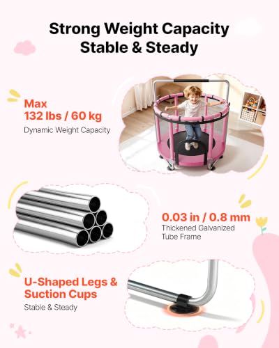 Pink Indoor Trampoline for Kids 3-12 with Safety Enclosure & Toys - 4.6 ft