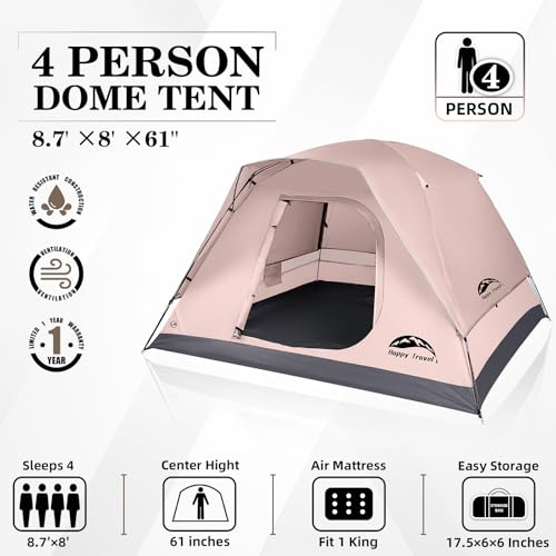 HAPPY TRAVEL Khaki 4 Person Dome Camping Tent with Rainfly & Mesh Ventilation