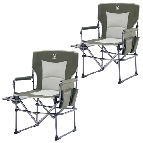 Portable Camping Directors Chair with Side Table & Pocket - Heavy Duty Support 400lbs - Green 2 Pack