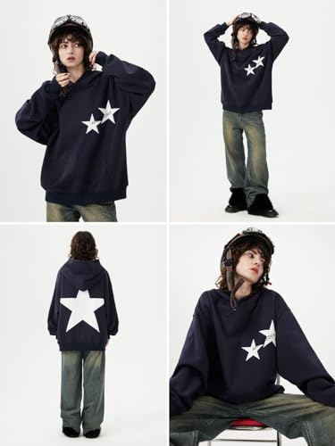 Aelfric Eden Star Hoodies Medium Navy Blue Oversized Y2K 90s Graphic Sweatshirt