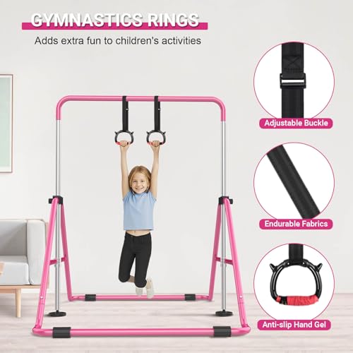 Pink Foldable Kids Gymnastics Bar with 5-Height Adjustable Support for Home, Includes Rings