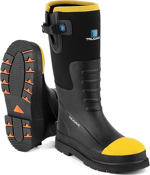 Trudave Steel Toe Rubber Work Boots for Men - Waterproof, Anti-Slip, Black, Size 6-14