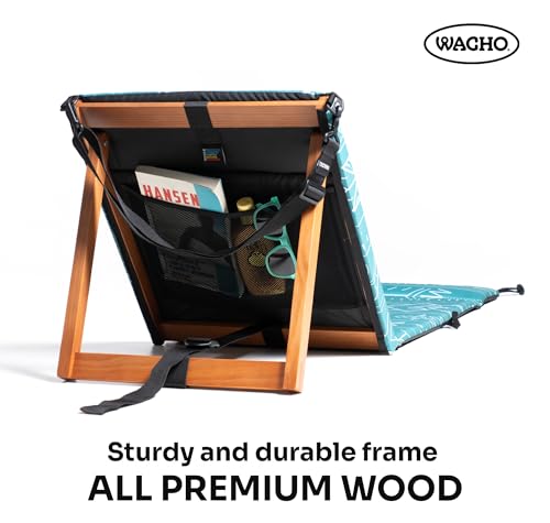 Wacho Blue Green Outdoor Folding Beach Chair with Reclining Wooden Backrest
