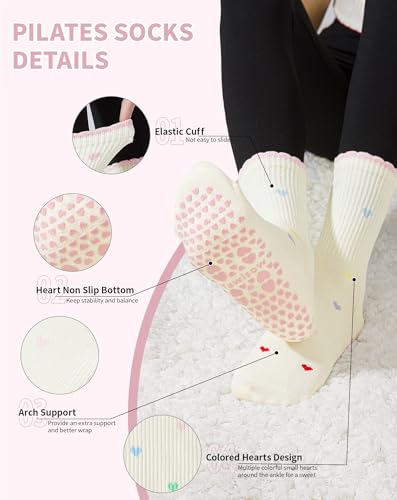Women’s Pilates Grip Socks Pink Mini Heart One Size - Cute Embroidered Yoga Socks