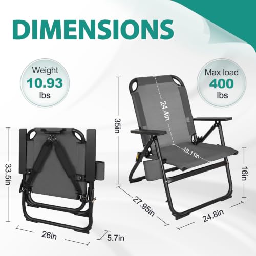 Romswi Heavy Duty Folding Beach Chair Grey 16-inch Seat Aluminum Frame Portable