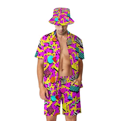 X-Large Mens Hawaiian Shirt and Shorts Set 80s 90s Retro Outfit with Bucket Hat