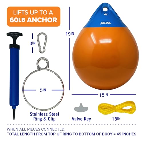 15-Inch Inflatable Anchor Buoy with Retrieval Ring and Pump - 60lb Lift