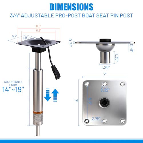 Heavy Duty Boat Seat Pedestal Mount Kit with Lock, 14-19" Height, 3/4" Pin Post, 7x7" Base, 360° Swivel, Marine-Grade