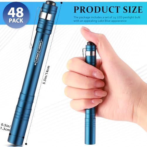 Blue Pocket LED Flashlights Pen Set Bulk 48 Pack Aluminum Clip Handheld Torches for Camping Hiking Emergency