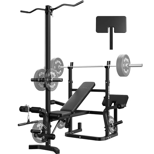 Black Olympic Weight Bench Set with Leg Extension & Lat Pulldown - 9-in-1 Home Gym Equipment