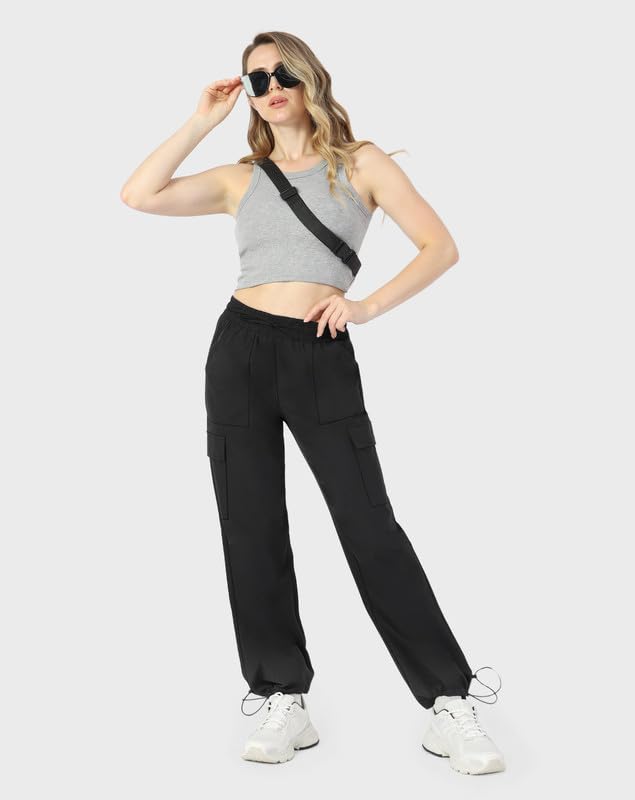 Keriffe Baggy Cargo Pants Women Parachute Hiking Wide Leg Pants Medium Black