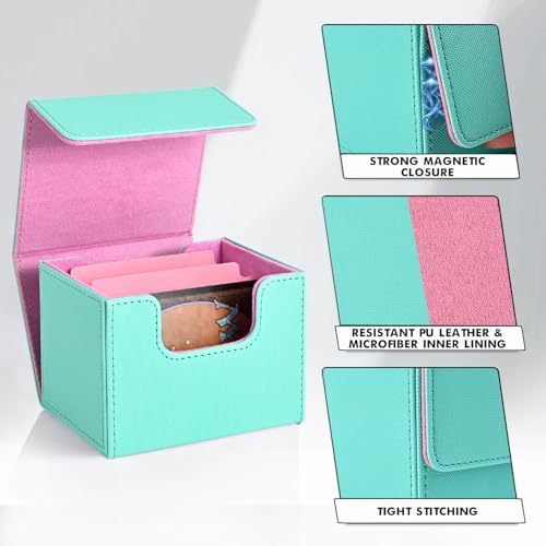 Magnetic MTG Deck Box Holds 120+ Single Sleeved Cards - Turquoise & Pink