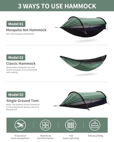 Travel Bird 3-in-1 Camping Hammock Tent with Mosquito Net & UV Sunshade - Green