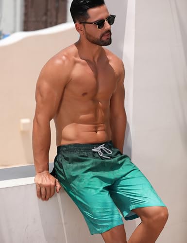Men's 9 Inch Swim Trunks with Mesh Liner - Large Leaf Gradient Green