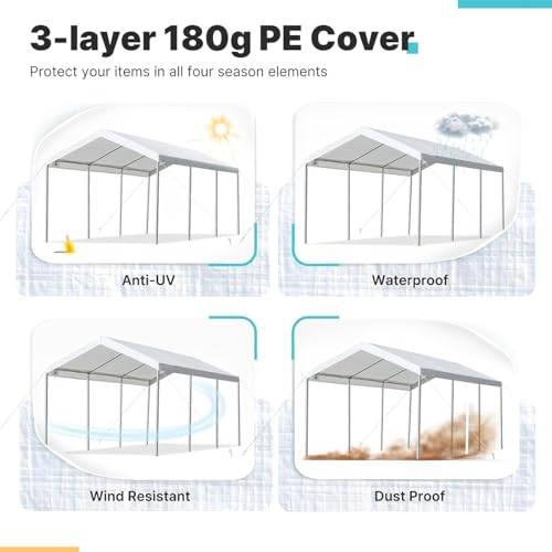 10' x 20' White Waterproof Carport Canopy Cover - Replacement Top with Bungees