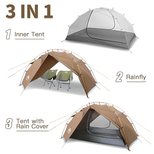 Night Cat 2 Person Backpacking Tent with Aluminum Poles, Khaki, Waterproof, Fast Setup