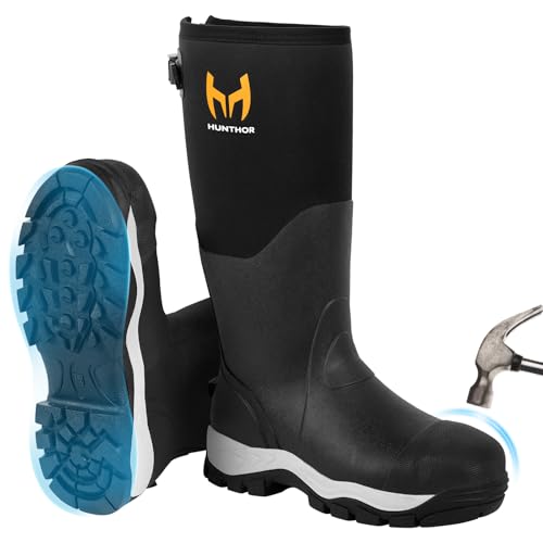 Hunthor Black Rubber Work Boots for Men with Steel Toe Waterproof - Size 10