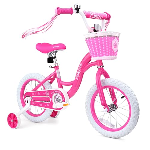 14 Inch Girls Princess Bike with Training Wheels - Pink Sparkling Design, Adjustable for Ages 3-8