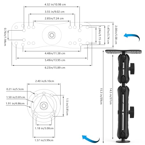 Koroao Aluminum Fish Finder Mount with 1.5" C Ball & 14.5" Arm for Marine Electronics