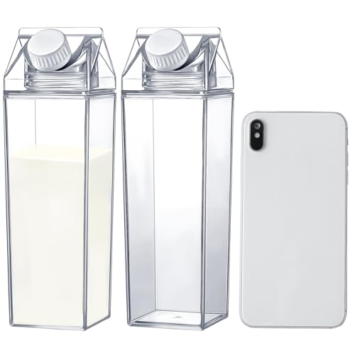 2 Pack 17oz Clear Milk Carton Water Bottles Leakproof Reusable Plastic
