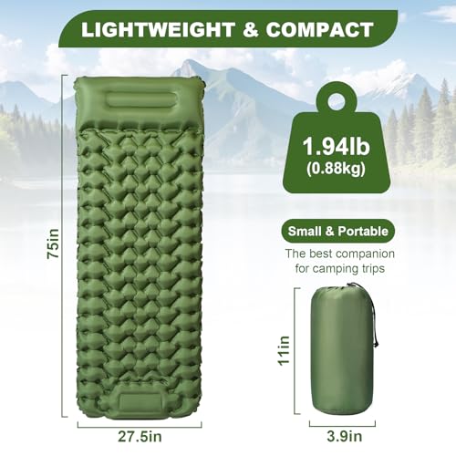 Green 4-Inch Thick Camping Sleeping Pad with Built-in Pillow & Foot Pump