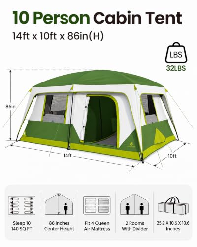 10 Person Waterproof Family Camping Tent with Rainfly, Mesh Windows & Divider