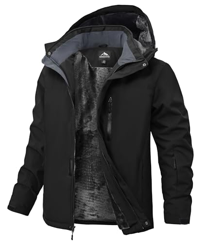 Buyboxs Men's Large Black Waterproof Winter Ski Snowboard Jacket - Insulated Rain Coat with Fleece Lining
