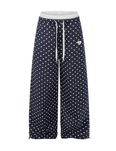 X-Small Polka Dot Wide Leg Sweatpants for Women - Dark Blue, Casual Streetwear