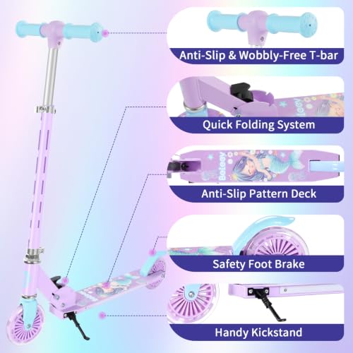 Purple Kids Light-Up 2-Wheel Folding Scooter with Adjustable Height, Lightweight & Portable