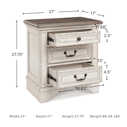Chipped White 3-Drawer Nightstand with Charging Station - Cottage Chic
