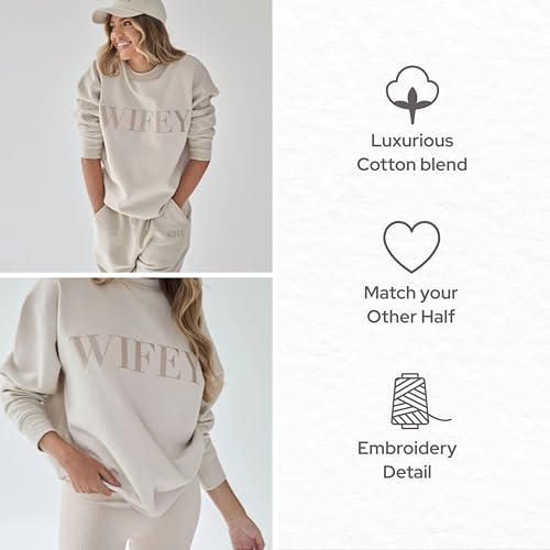 Oversized Wifey Sweatshirt for Newlywed Bride - Medium Beige Cozy Embroidered Champagne Crewneck
