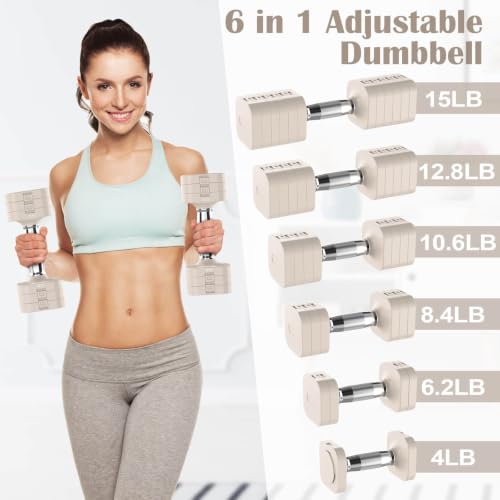 Adjustable Dumbbell Set - 15LB Each, 30LB Pair, Beige, for Home Gym