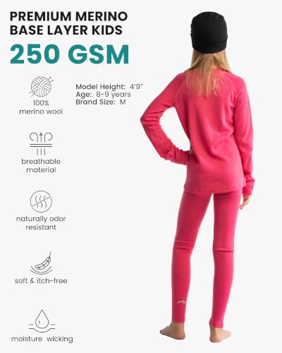 Kids Thermal Underwear Set & Beanie Hat - 8-9 Years Pink - Merino Wool Base Layer