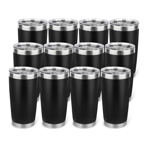 12 Pack 20oz Stainless Steel Travel Tumblers with Lids Black - Double Wall Insulated