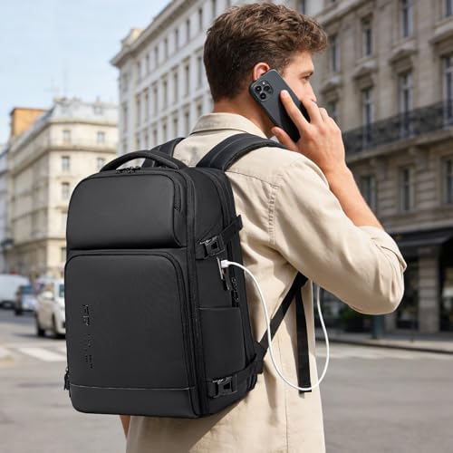 Black Expandable Travel Backpack with USB Charging Port & 17 Inch Laptop Compartment - Large