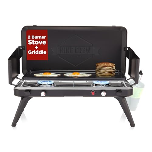 Hike Crew 2-in-1 Gas Camping Stove and Griddle - Portable Propane Cooktop with Wind Shields