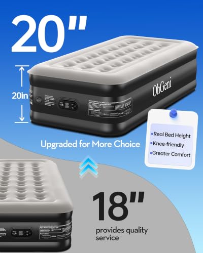 OhGeni 20-Inch Raised Twin Air Mattress with Built-In Pump, Black, Supports 500lbs
