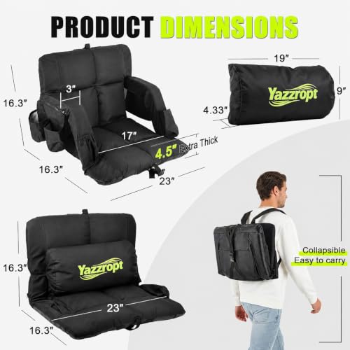 Yazzropt Wide Stadium Seat with Back Support 23in 2 Pack - Padded Bleacher Chairs with Adjustable Backrest, Lumbar Pillow & Cup Holder