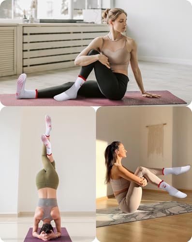 Cute Ruffle Pilates Grip Socks - Non Slip Crew Socks for Women, 3 Pack in Red Pink Brown - One Size
