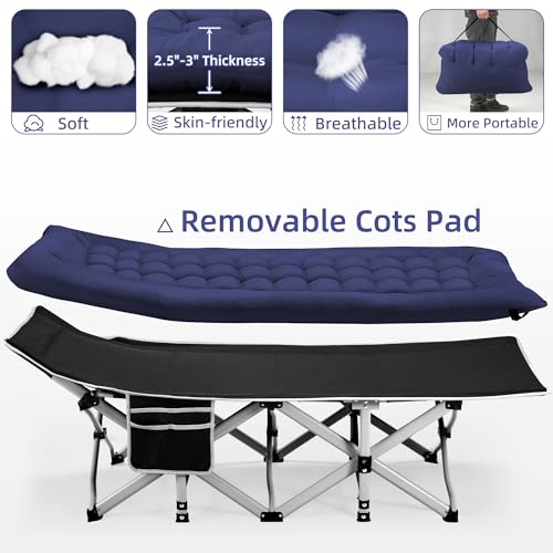 Fragess Blue Portable Camping Cot for Adults, 28-Inch Extra Wide Heavy Duty Foldable Bed with Mattress, Supports 600LBS