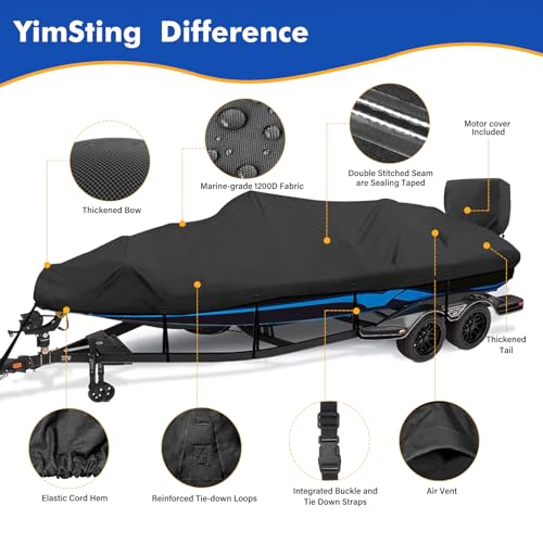 Boat Cover 14-16 ft Waterproof V-Hull Marine Grade 1200D Black - Variation: 14'-16' L x 68" Beam