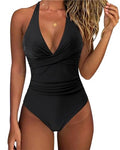 Women Sexy Tummy Control One-Piece Swimsuit Halter Push Up Bathing Suit Medium Black
