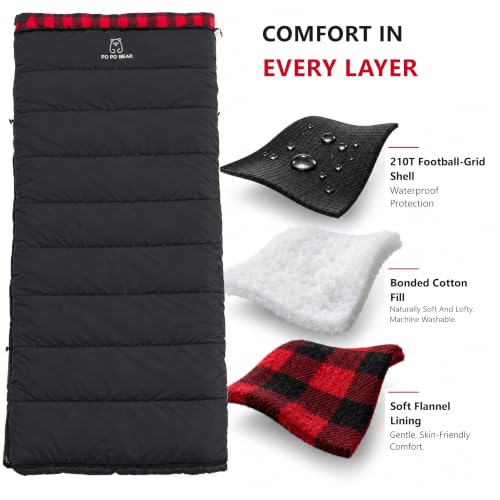 Big & Tall 0 Degree Sleeping Bag for Adults - Black, 84 x 40 Inches, Flannel Lining, Right Zip - PO PO BEAR