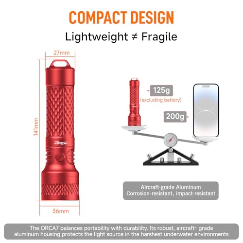 ORCATORCH ORCA7 3000 Lumens Dive Light - Red Compact Underwater Torch