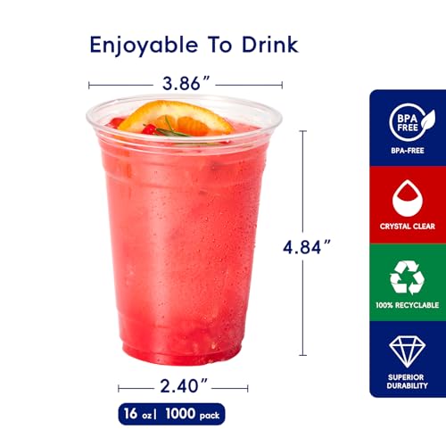 16 oz Clear Disposable Plastic Cups - 1000 Pack, Sturdy & Reusable for Parties
