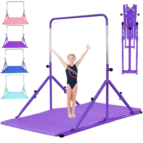 MARFULA Foldable Gymnastics Bar with Mat, 9-Height Levels, 200 lbs Capacity, 5 ft Indoor Outdoor Gym Equipment (Purple, with Mat)